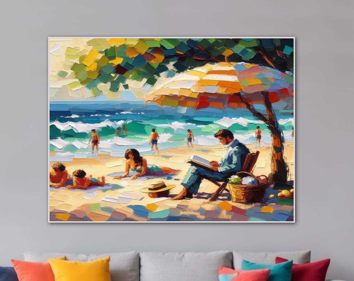 Beach Reading Day Under Striped Umbrella Wide Coastal Art Poster