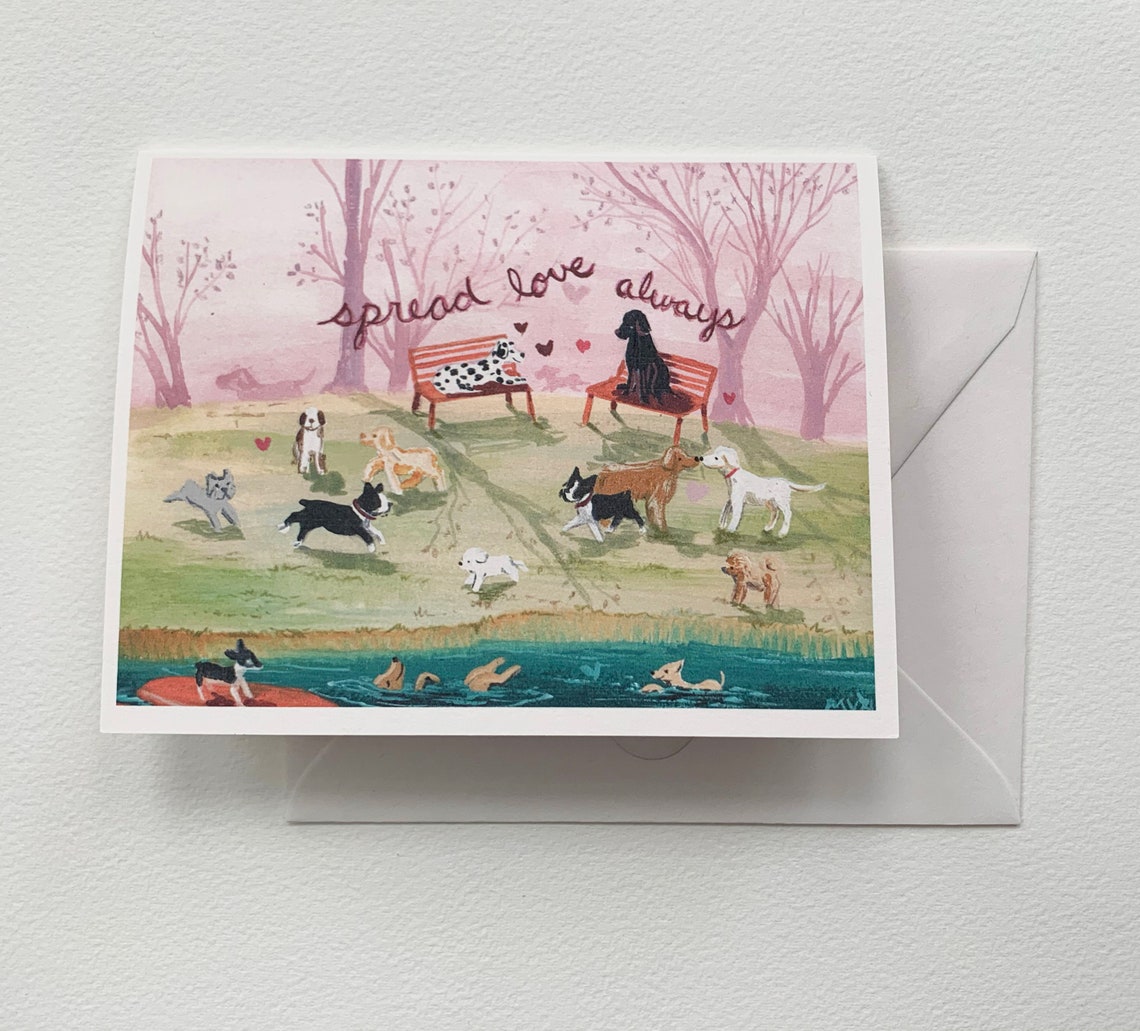 Spread Love Always Happy Dogs In Park Pond Greeting Art Poster