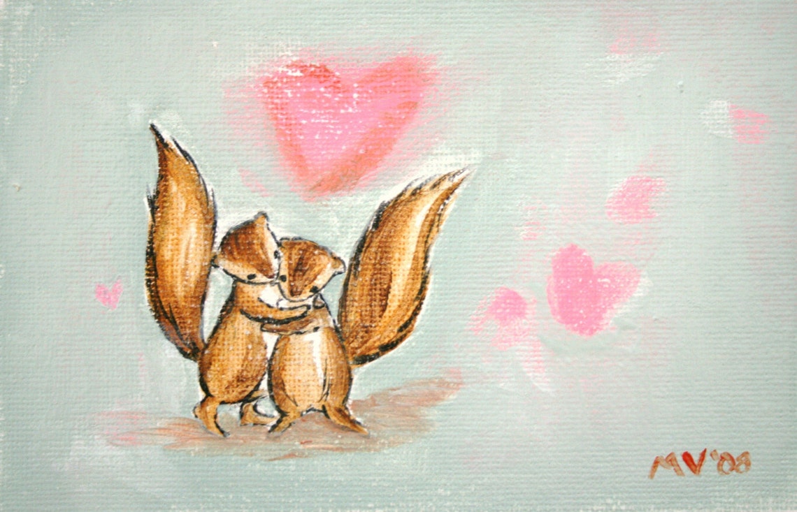 Two Squirrels Hugging Under Pink Hearts Sweet Love Animals Poster