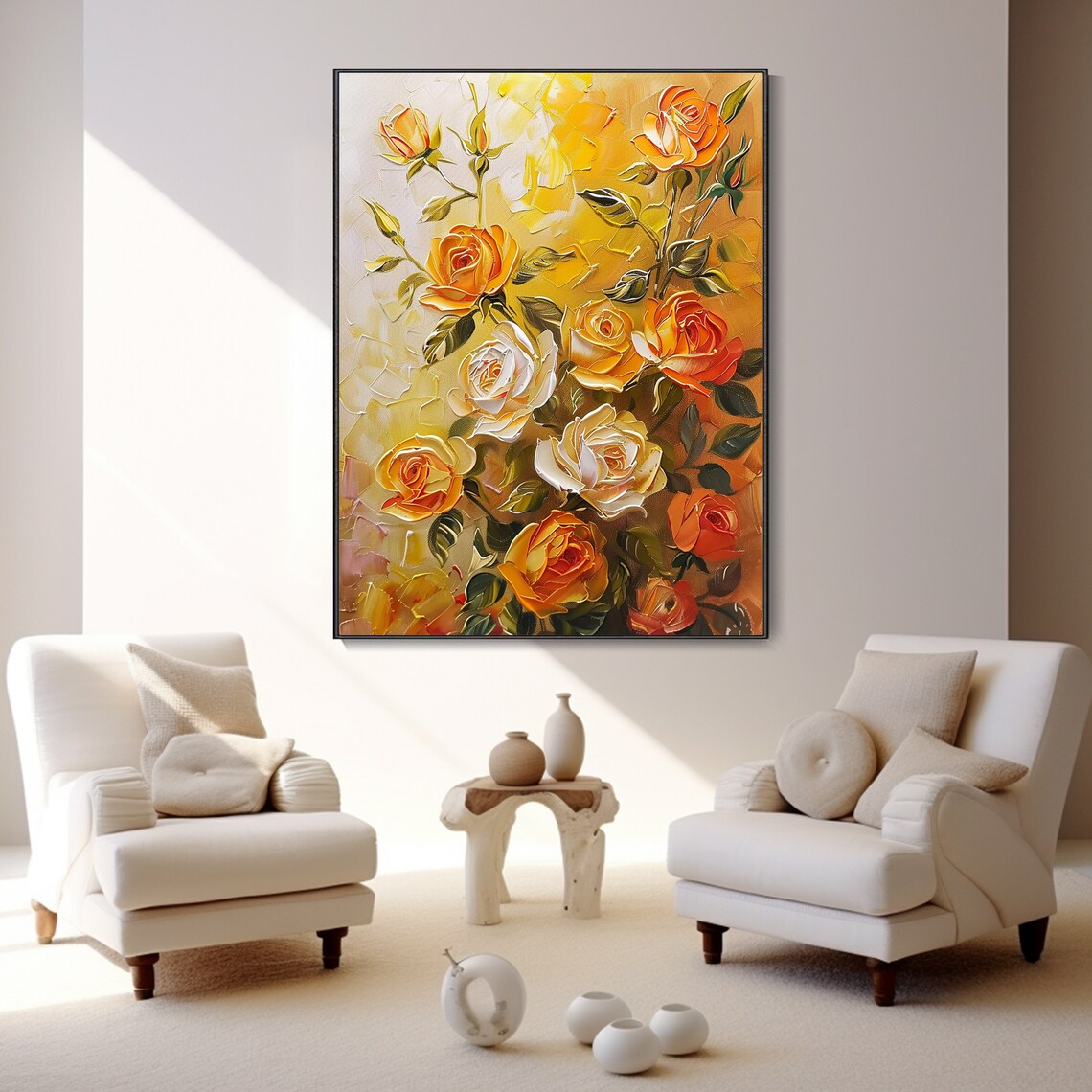 Golden Yellow Orange Roses Creamy Texture Knife Painting Poster - Image 2