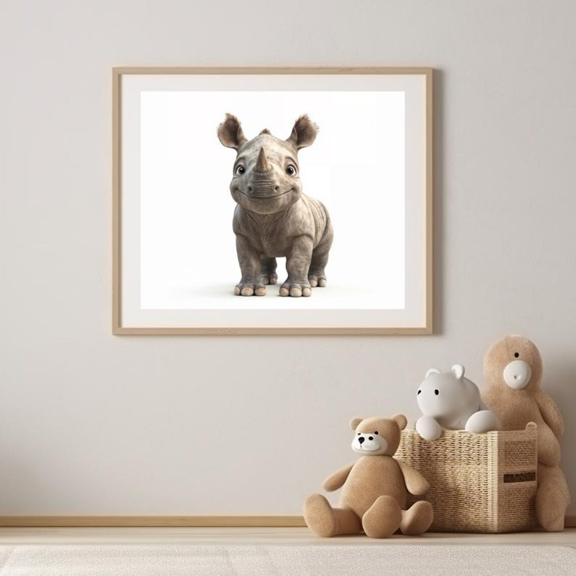 Cute Smiling Baby Rhino with Big Ears Safari Animal Nursery Poster - Image 3