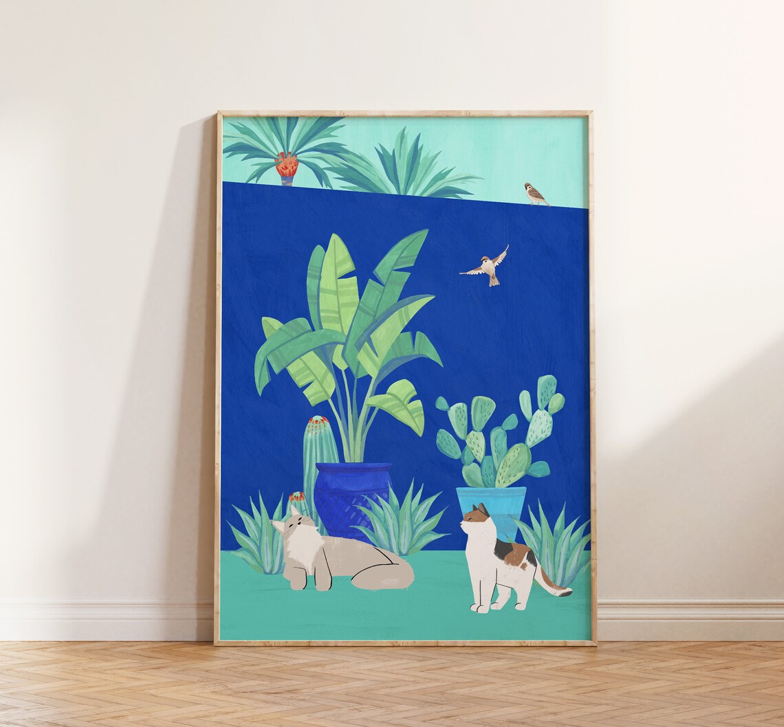 Cat Tropical Plant Art, Tropical Theme Poster