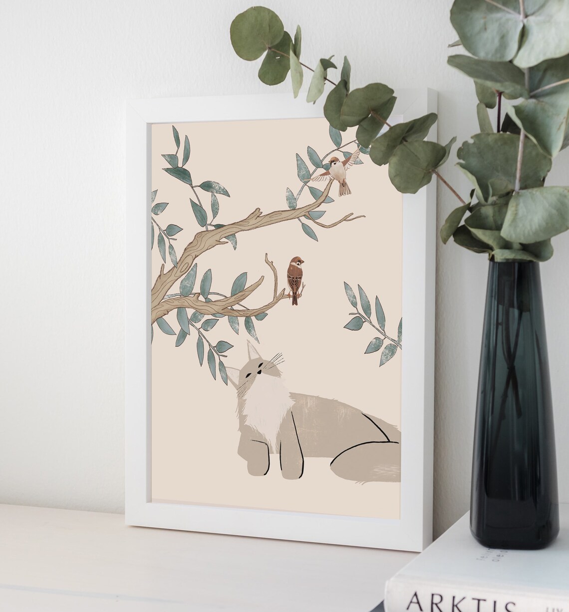 Lazy Cat and Birds Botanical Cat Wall Art Print - Image 4
