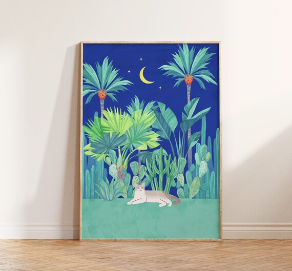 Tropical Plant And Cat Botanical Cat Art Print