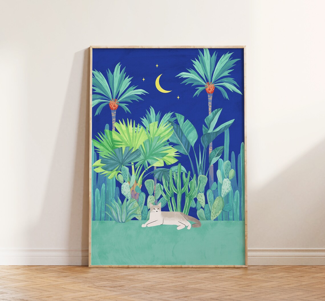Tropical Plant And Cat Botanical Cat Art Print