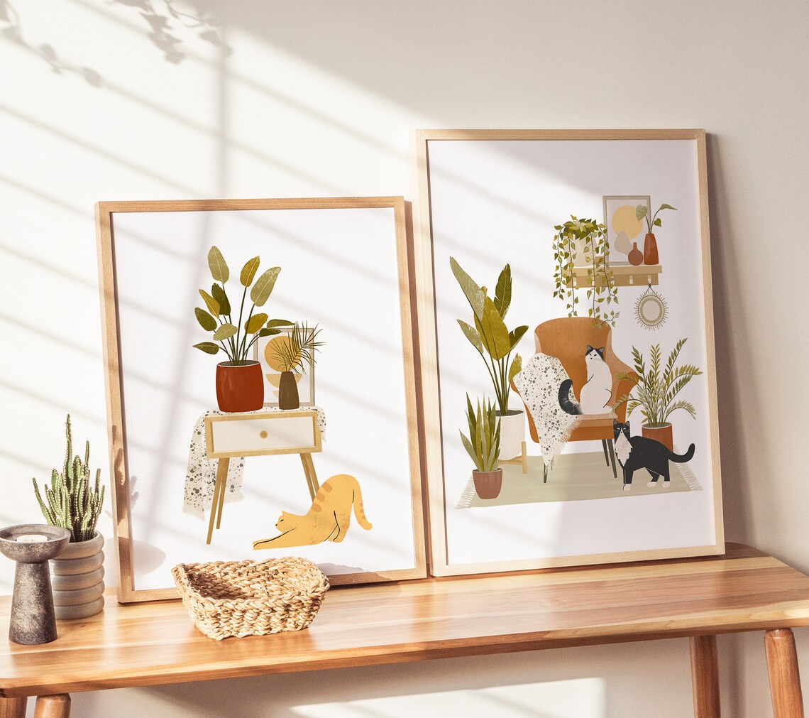 Boho Cat And Plant Illustration Art Print - Image 2