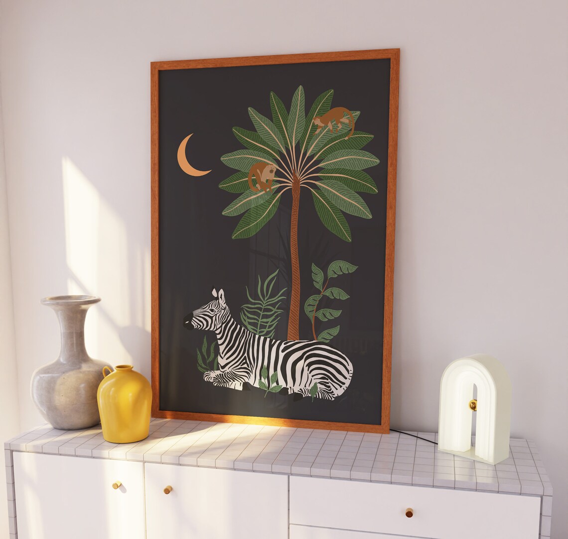 Jungle Zebra and Monkeys Tropical Art Print - Image 4