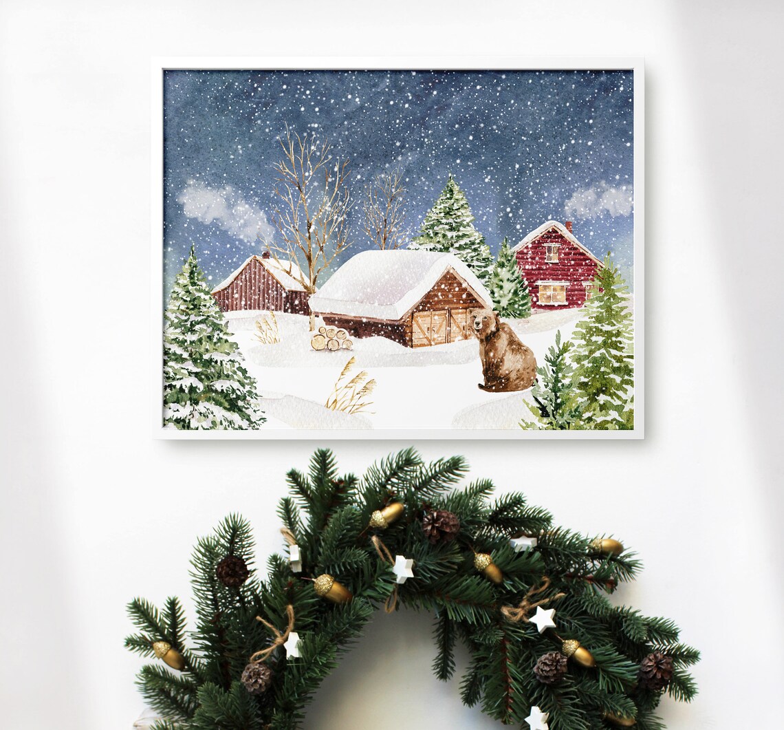 Brown Bear In Snowy Farm Scene With Red Barn Watercolor Poster - Image 4