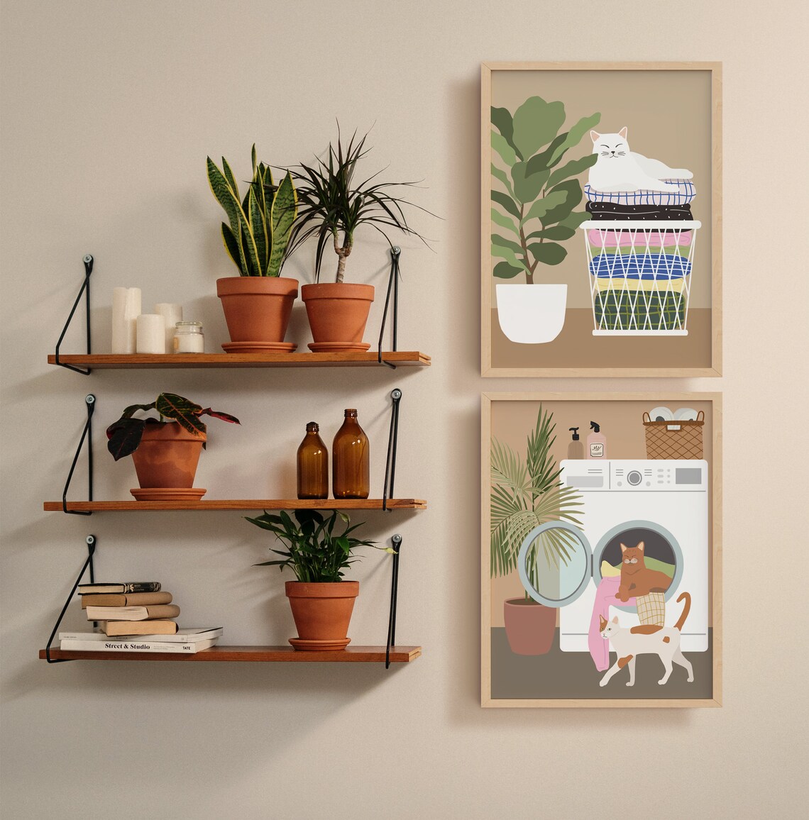 Cats In Laundry Room Boho Cat and Plant Art Print - Image 2