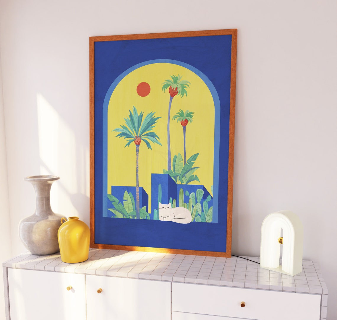 White Cat Tropical Blue Arch Palm Trees Moroccan Style Art Poster - Image 3