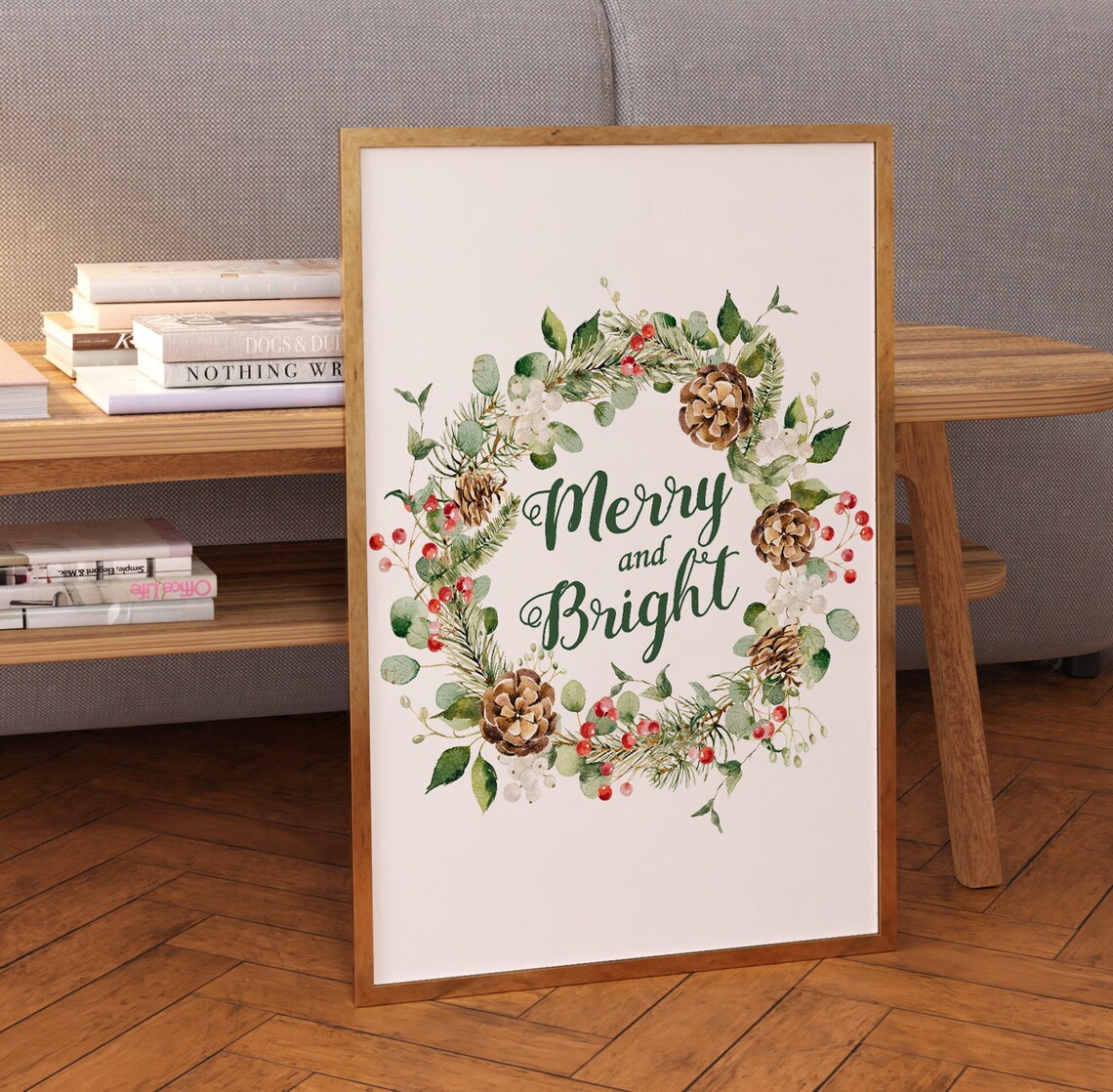 Merry And Bright Watercolor Pine Wreath Christmas Greeting Wall Art - Image 2