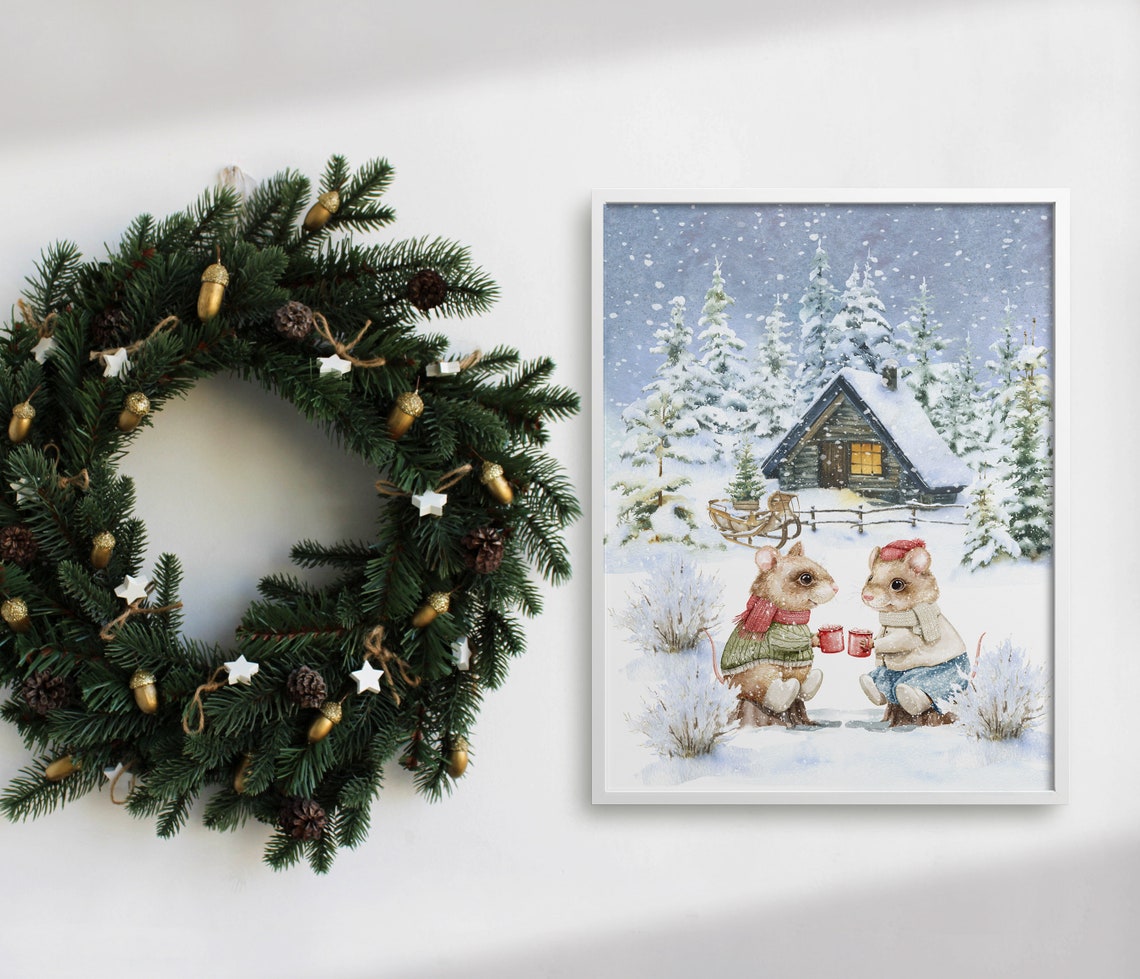 Two Cute Mice Sharing Hot Cocoa Before A Snowy Cabin Wall Art - Image 4