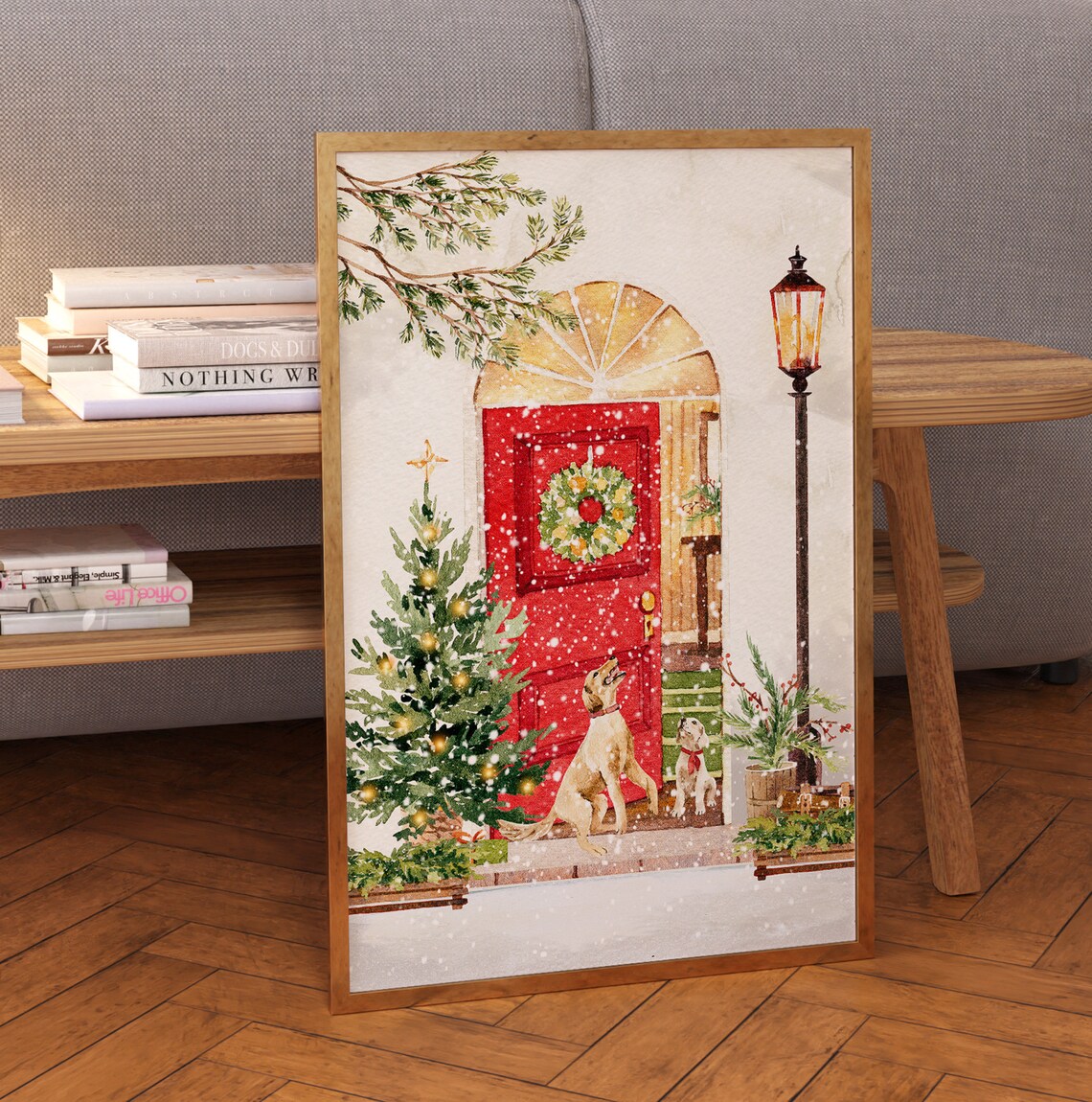 Two Dogs Waiting At Red Door Wreath Snowy Christmas Wall Art - Image 3