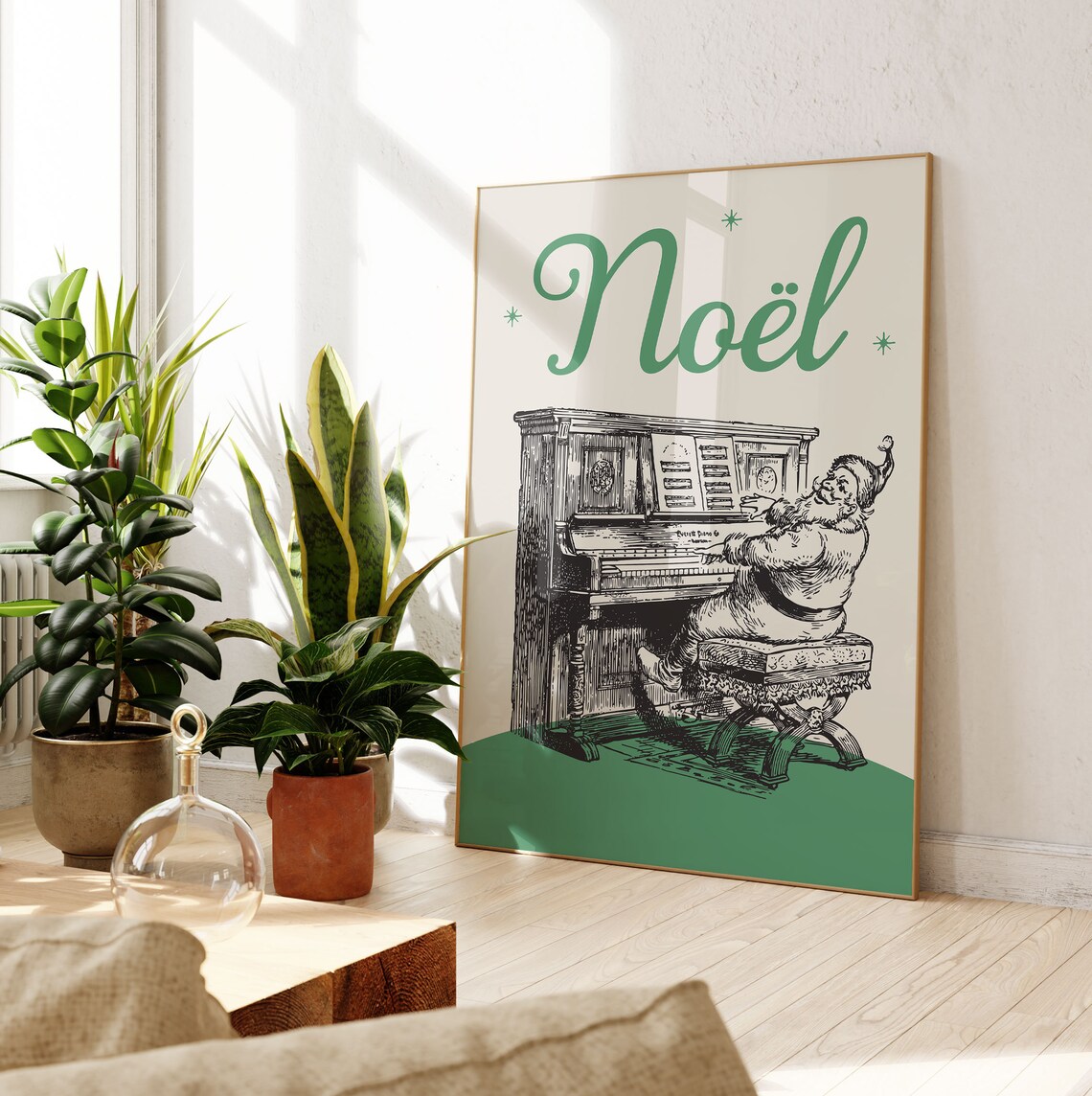 Noel Vintage Santa Playing Piano Cream Green Christmas Poster - Image 2