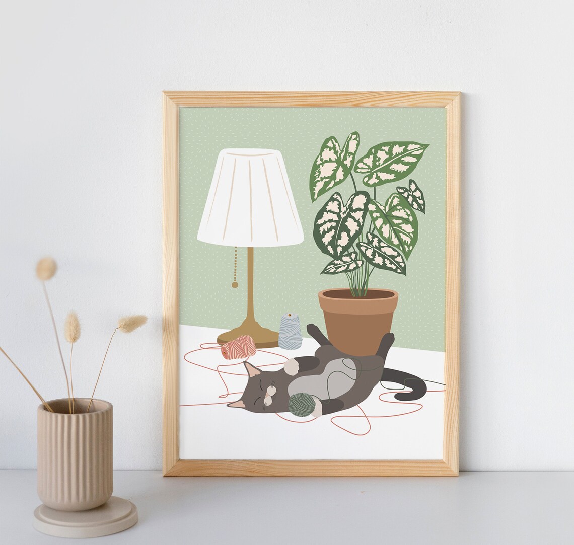 Cat Playing Alone Boho Cat Plant Art Print