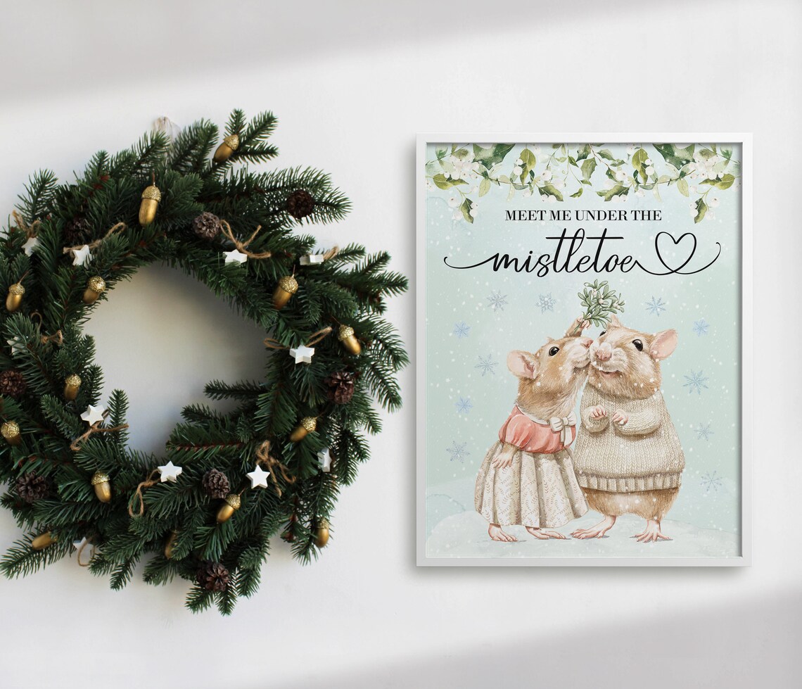 Meet Me Under The Mistletoe Two Kissing Mice Christmas Poster - Image 4