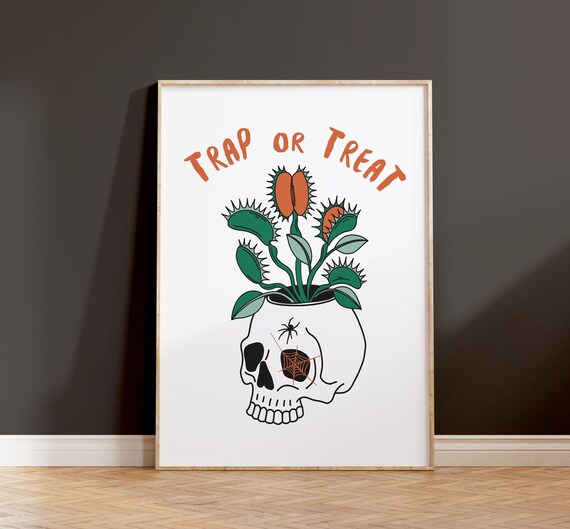 Trap or Treat Skull Planter Venus Flytrap Halloween Spooky Art Poster