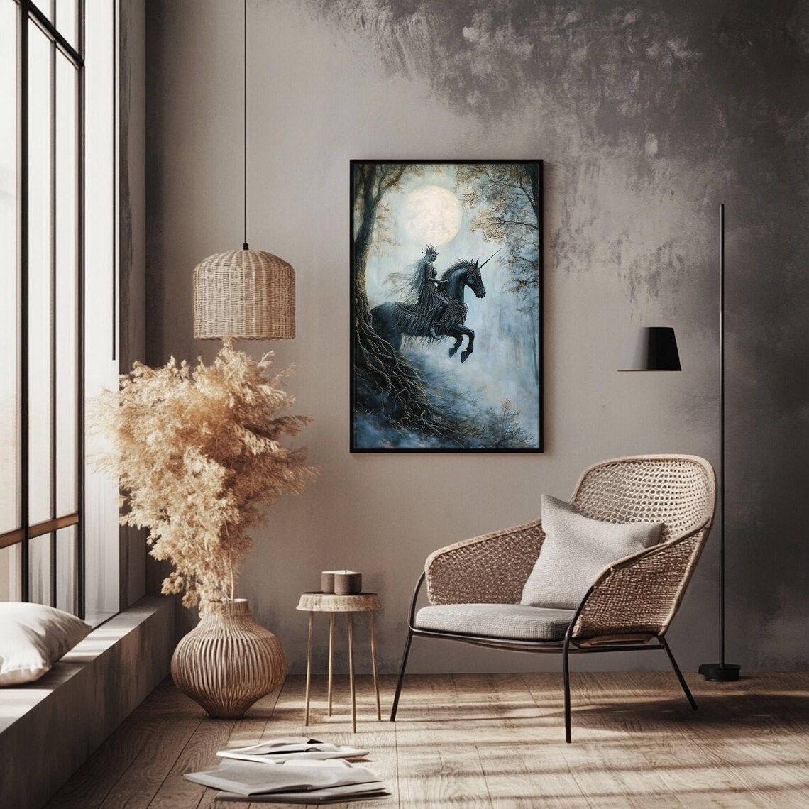 Forest Guardian Woman Riding Black Unicorn Moonlit Misty Night Print - Image 2