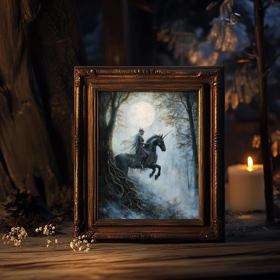 Forest Guardian Woman Riding Black Unicorn Moonlit Misty Night Print - Image 4