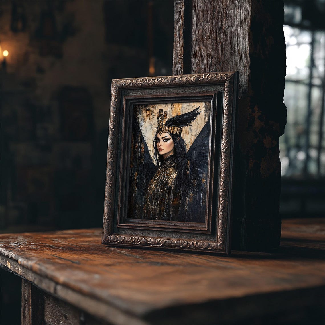 Beautiful Maat Egyptian Goddess Portrait Black Wings Gold Art Print - Image 3