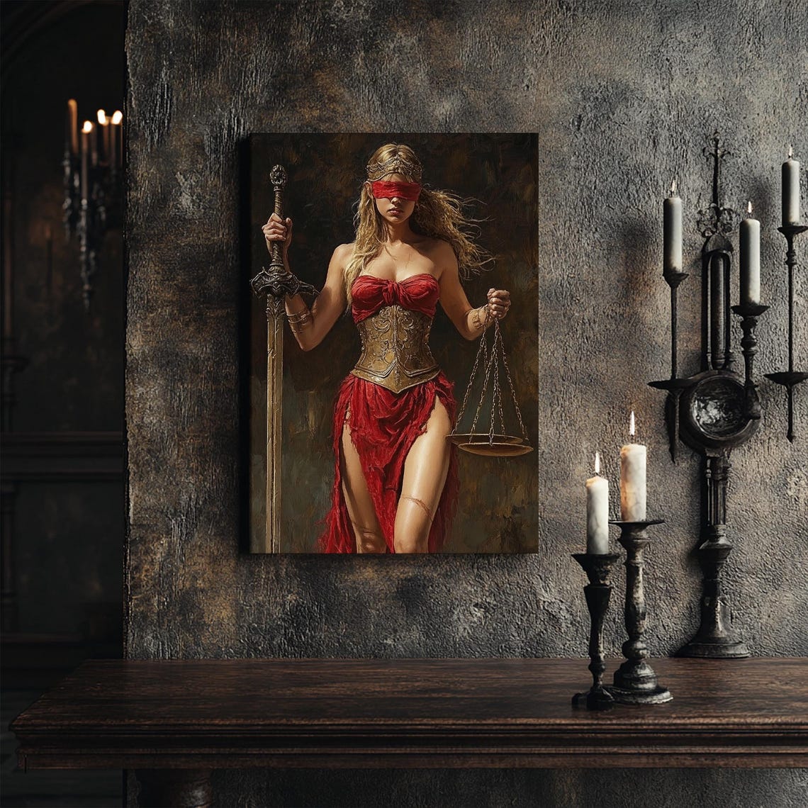 Justitia Justice Goddess In Red With Sword And Scales Art Print - Image 4