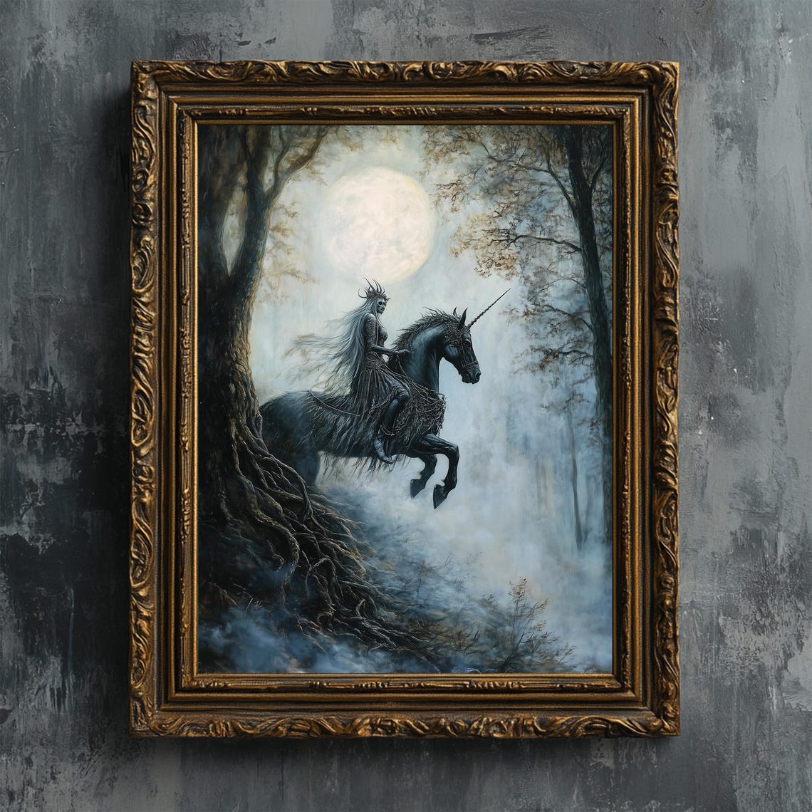 Forest Guardian Woman Riding Black Unicorn Moonlit Misty Night Print