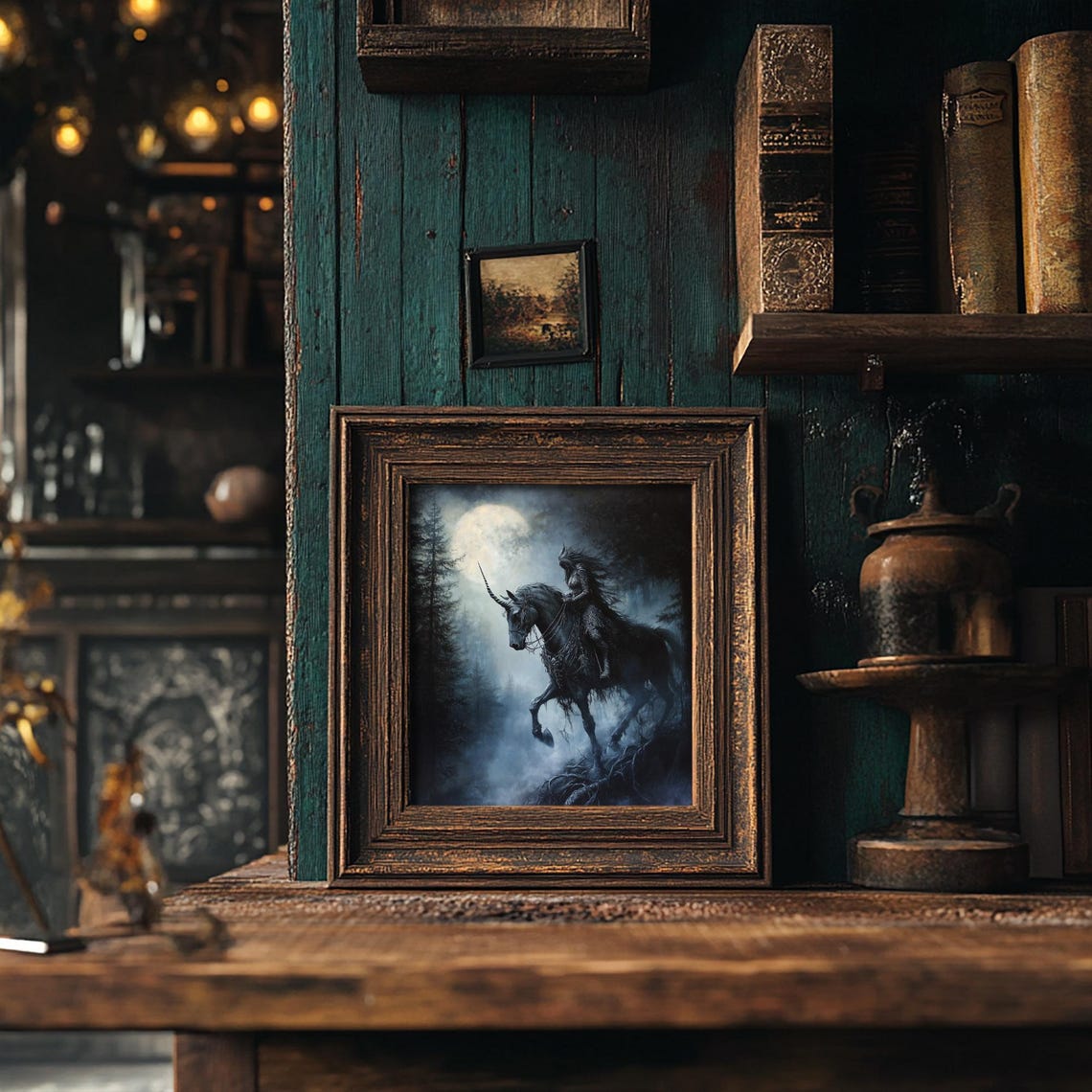 Dark Forest Guardian Riding Black Unicorn Under Full Moon Print - Image 5