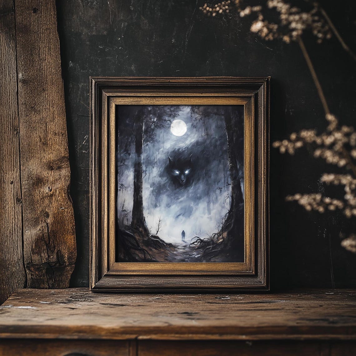 Wolf Spirit Looming Over Wanderer In Misty Moonlit Forest Print - Image 2