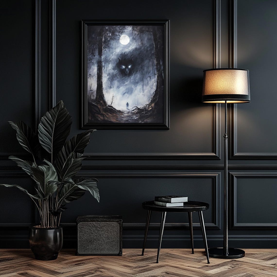 Wolf Spirit Looming Over Wanderer In Misty Moonlit Forest Print - Image 6