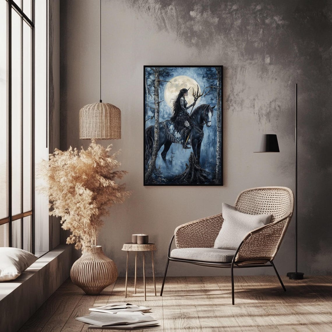 Unicorn Girl On Black Horse Moonlit Enchanted Forest Night Print - Image 4