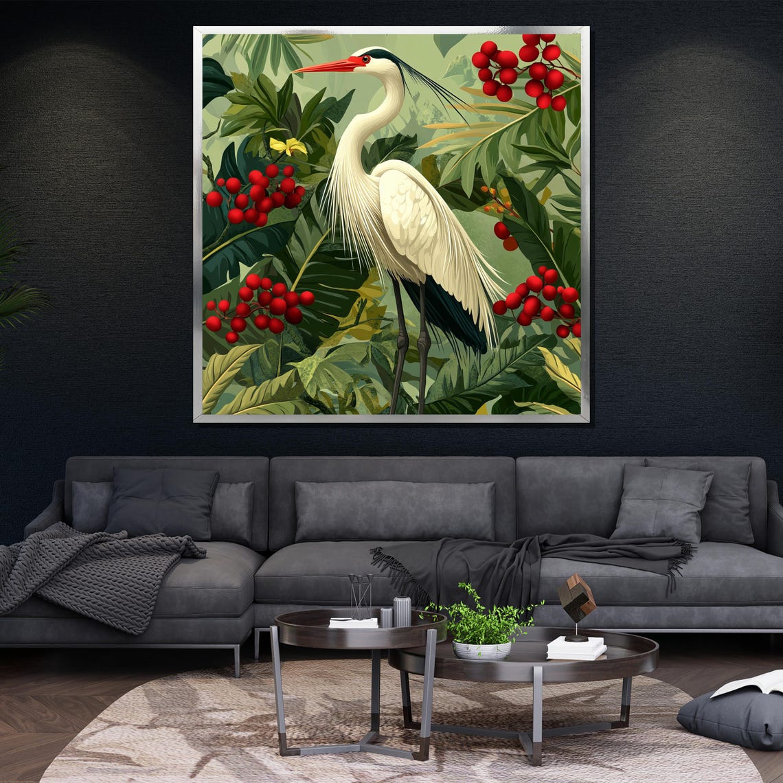 White Heron Red Berries Tropical Green Leaves Elegant Bird Poster - Image 4
