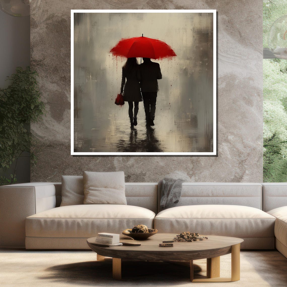 Romantic Couple Red Umbrella Rain Minimalist Modern Love Wall Poster - Image 3