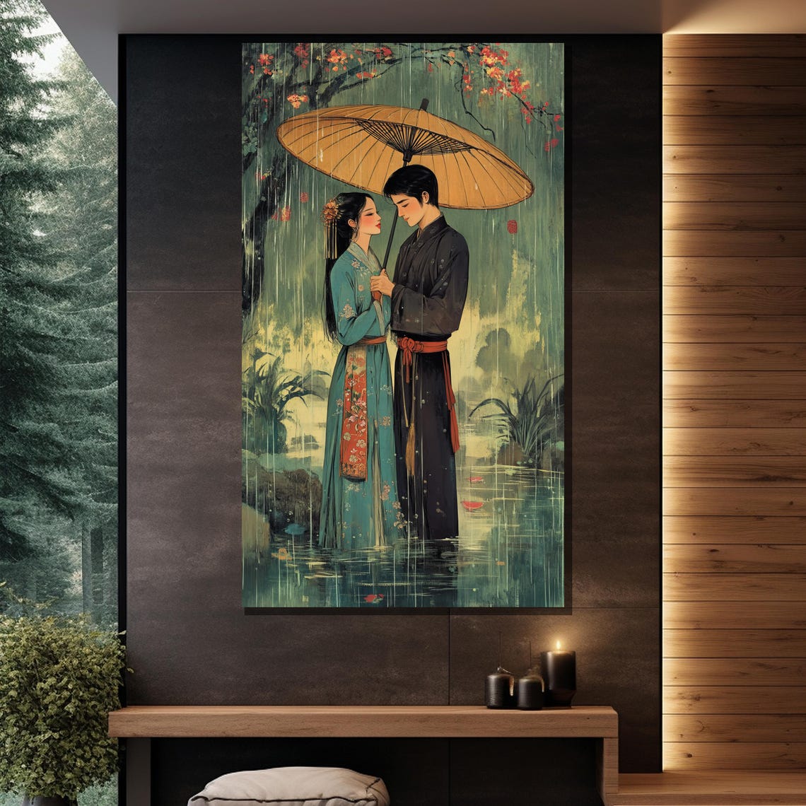 Romantic Chinese Couple Under Paper Umbrella In Rain Art Wall Poster - Image 2