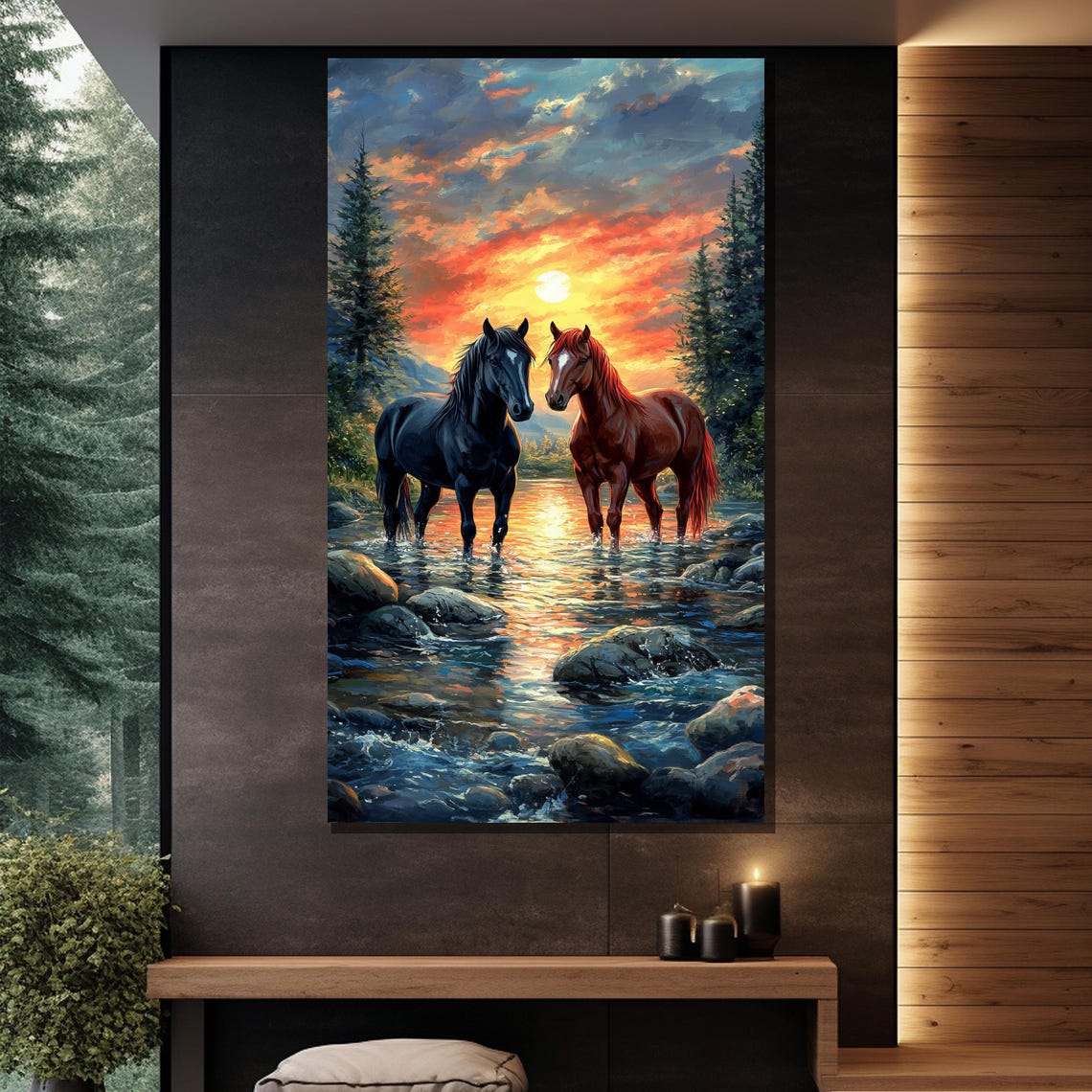 Two Horses In Stream Sunset Black Chestnut Mountain Water Poster - Image 2