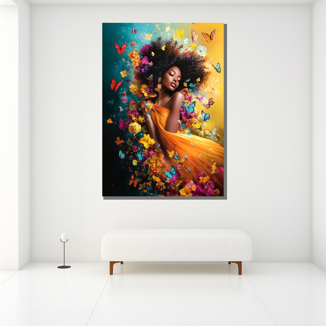 African Woman Butterfly Floral Portrait Vibrant Orange Dress Wall Art - Image 2