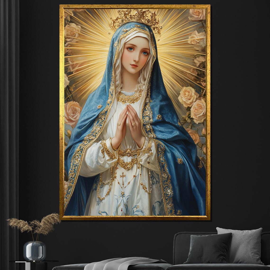 Virgin Mary Praying Blue Mantle Golden Halo Roses Catholic Art Poster