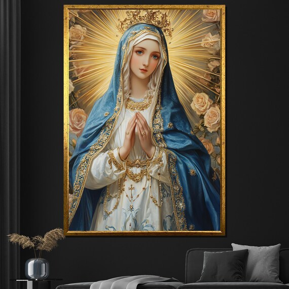 Virgin Mary Praying Blue Mantle Golden Halo Roses Catholic Art Poster