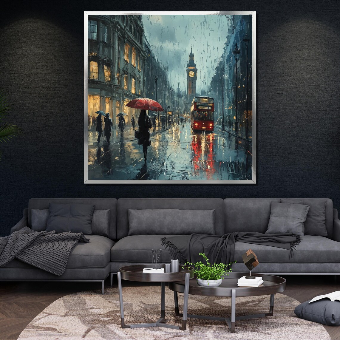 London Rainy Street Big Ben Red Bus Red Umbrella Romantic City Poster - Image 4