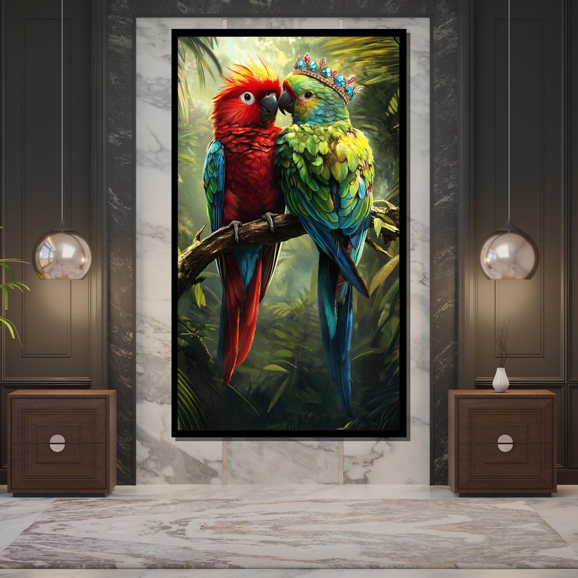 Crowned Parrot Pair Beak To Beak Whimsical Tropical Jungle Bird Poster - Image 5