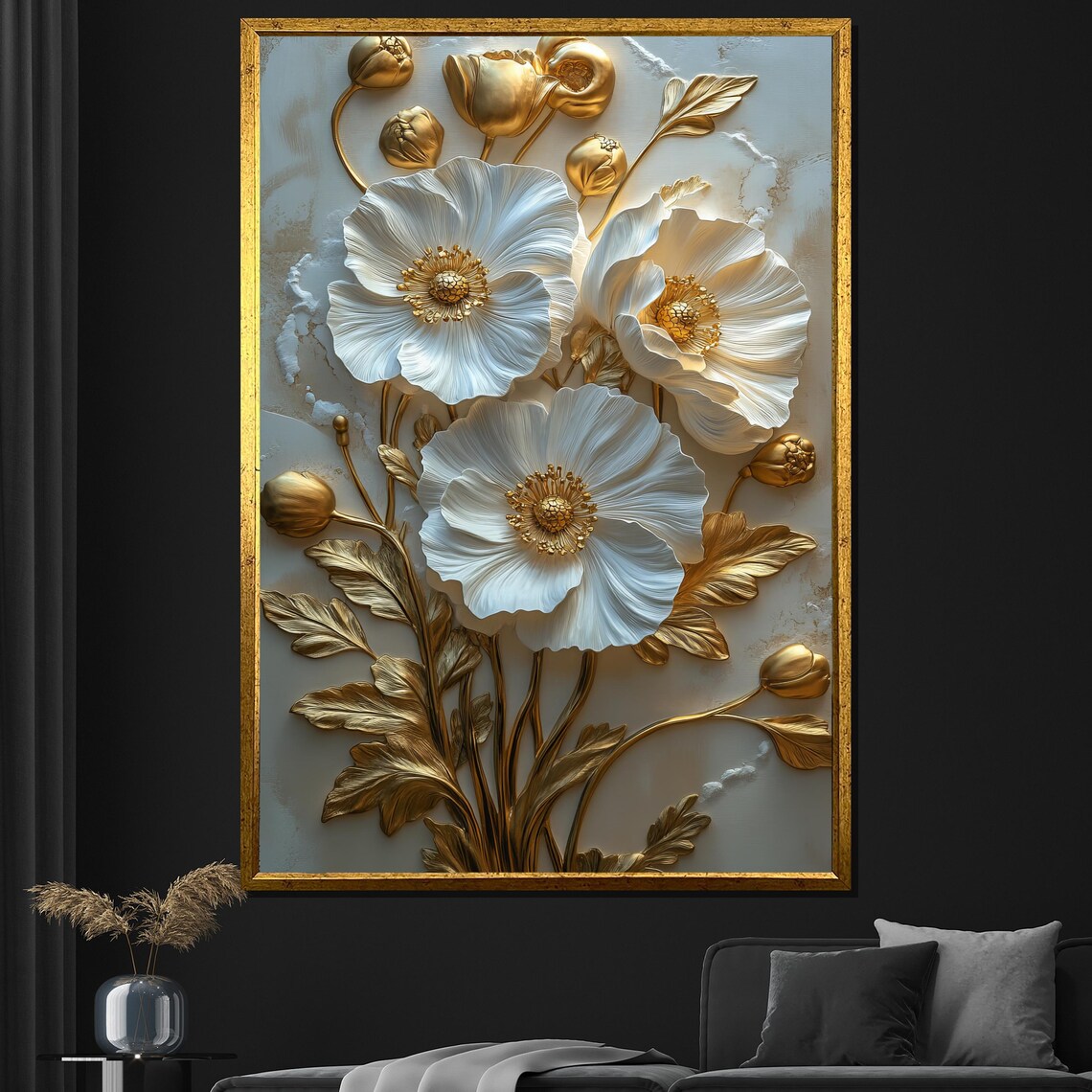 White Poppies With Gold Stems 3D Textured Floral Wall Art Poster