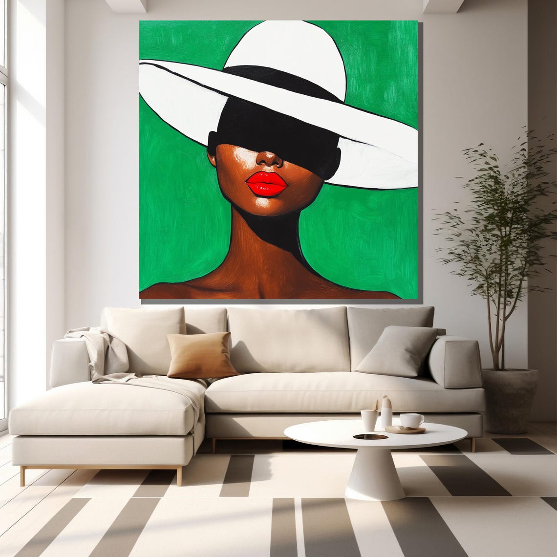 Stylish Woman White Hat Red Lips Green Background Bold Art Wall Poster - Image 2