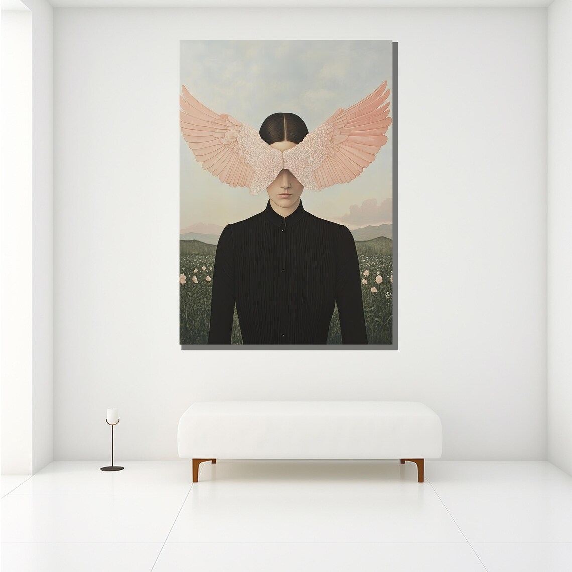 Surreal Woman With Pink Angel Wings Veiling Eyes In Flower Field Poster - Image 2