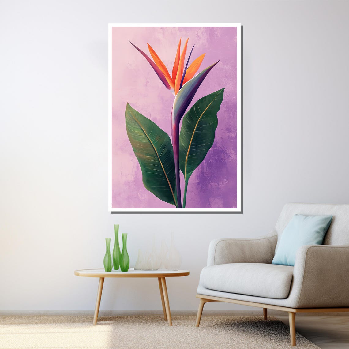 Bird Of Paradise Flower Tropical Painting Purple Background Wall Art - Image 3