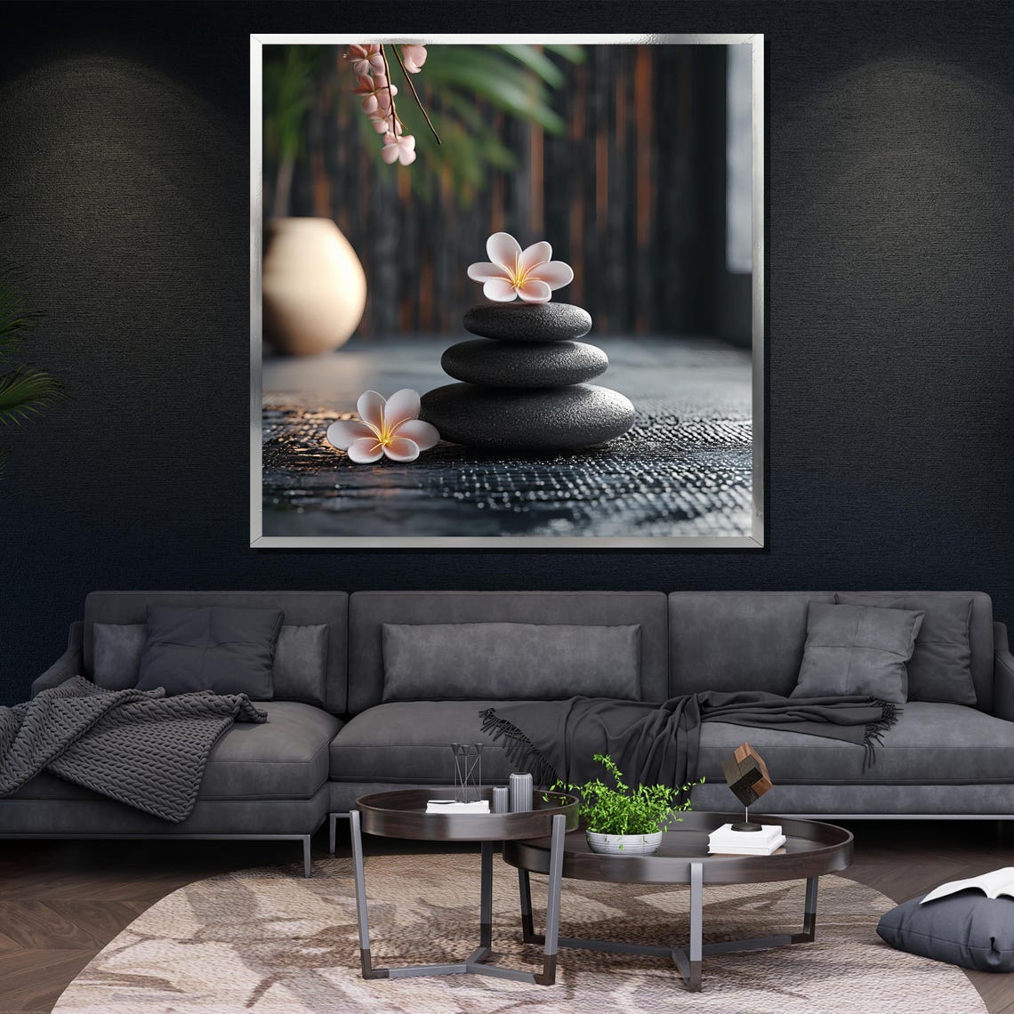 Zen Stone Stack Plumeria Flowers Dark Spa Minimalist Calm Art Poster - Image 4