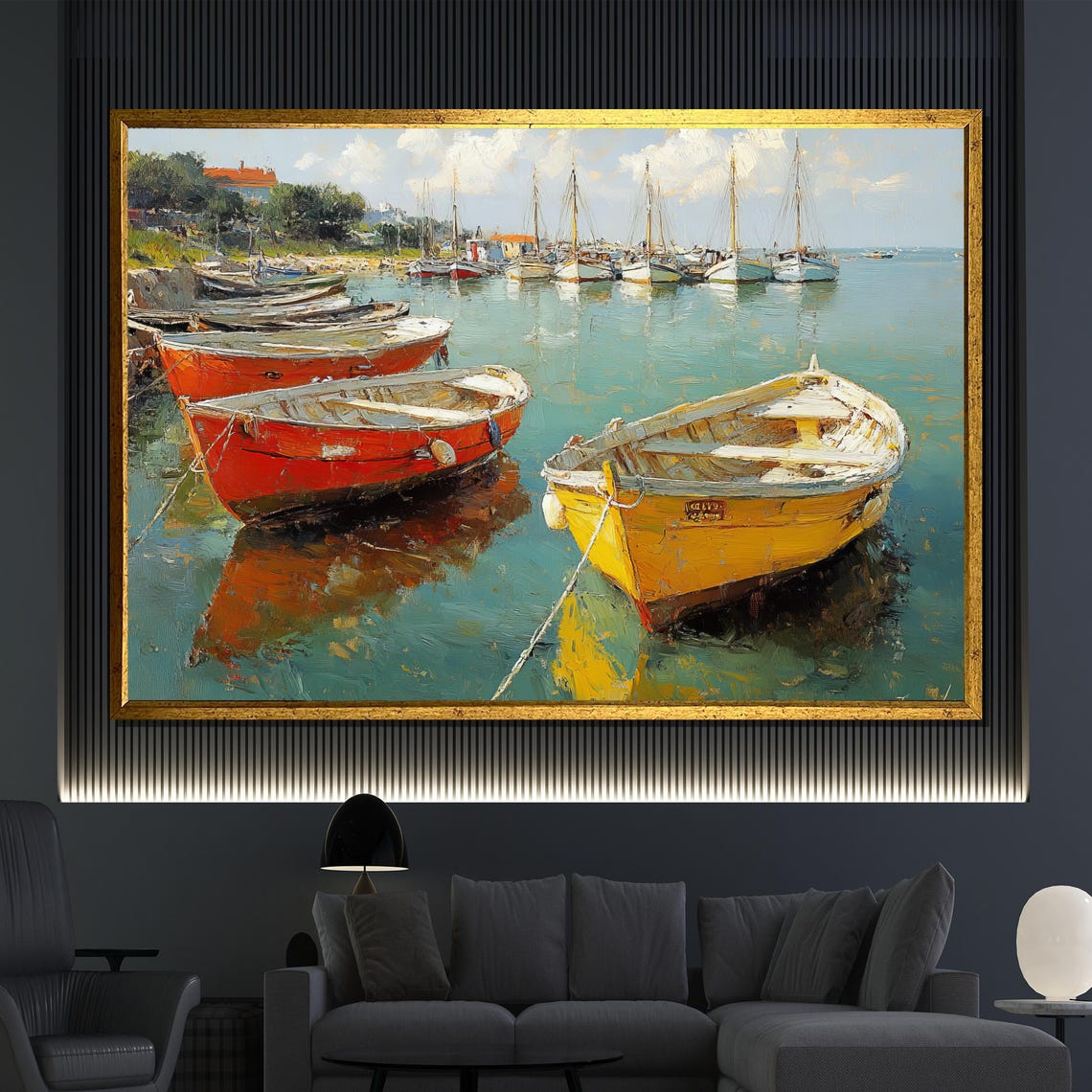 Colorful Boats In Harbor Impressionist Coastal Scene Art Poster