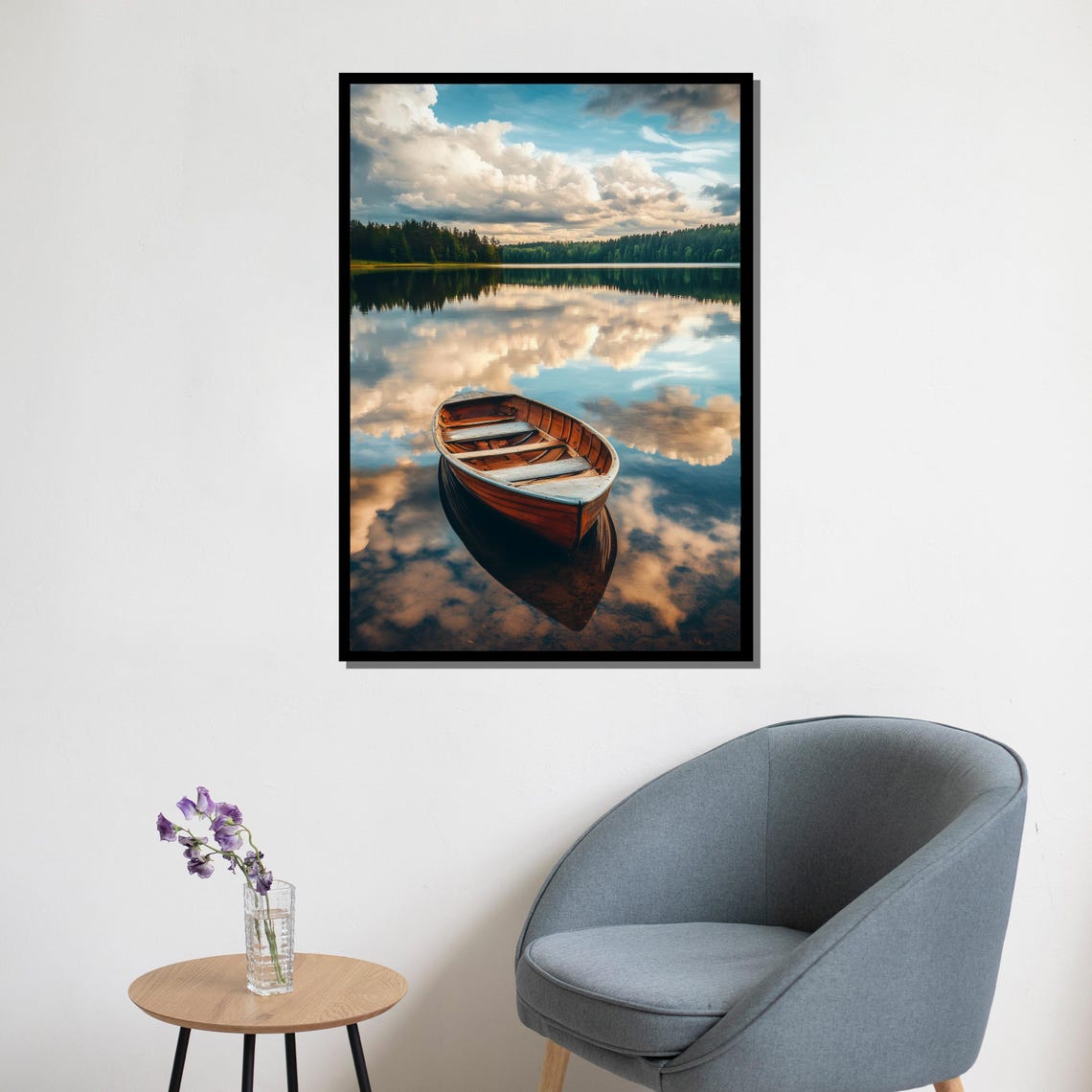 Serene Lake Boat Painting Peaceful Water Reflection Wall Art Nature Landscape Artwork Tranquil Home Decor Gift - Image 5