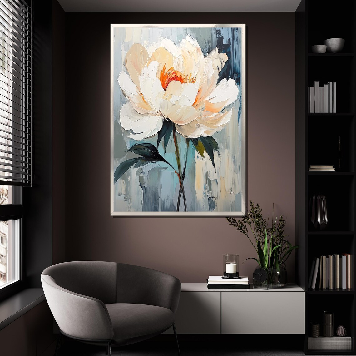 Textured White Peony Painting Blue Gray Abstract Background Art Poster - Image 4