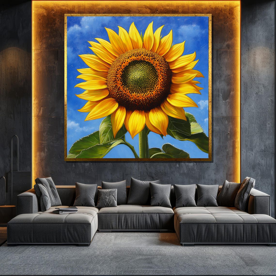 Vibrant Sunflower Blue Sky Close Up Painting Cheerful Floral Wall Art