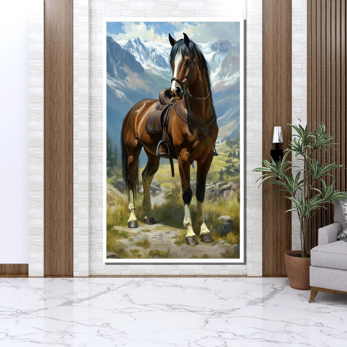 Saddled Brown Horse In Snowy Mountain Landscape Painting Wall Poster - Image 3