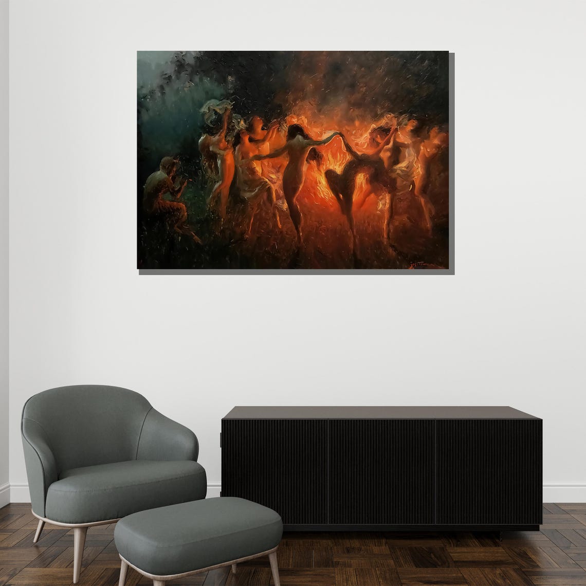 Fire Dance Night Painting Women Dancing Around Bonfire Flames Poster - Image 2